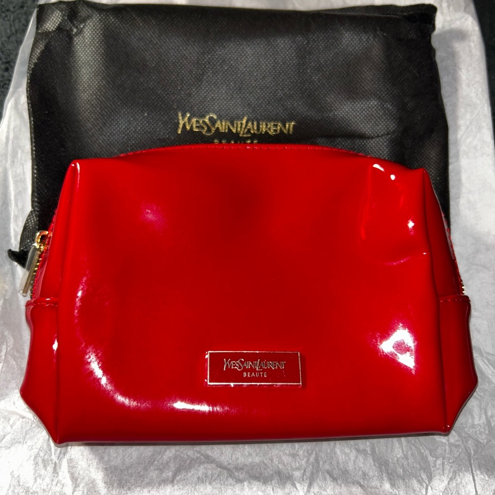 Yves Saint Laurent Red Patent Cosmetic Pouch with Gold Hardware